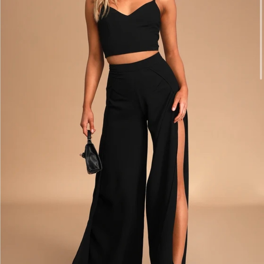 Lulu's Black Wide Leg Pants with Dramatic Side Slit